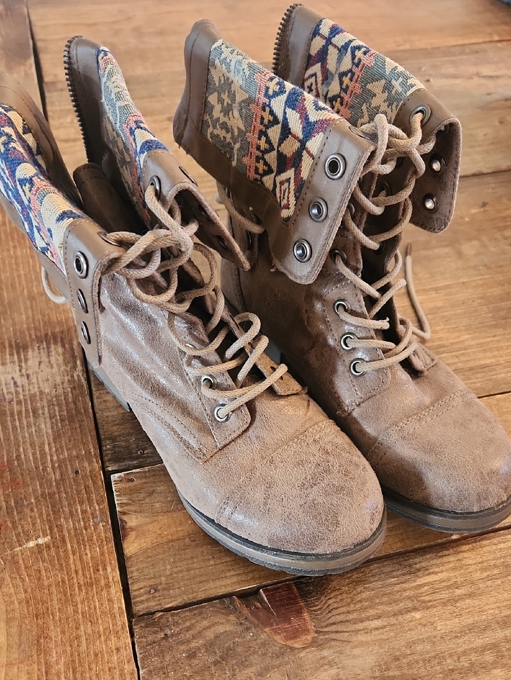 JustFab Tan Lace-Up Canvas Combat Boots with Patterned Cuff